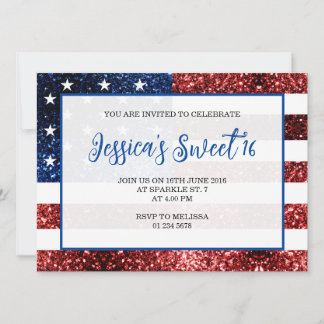 USA Flagge Rot blaue Glitzern Sweet 16 elegantes D Einladung