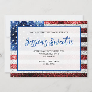 USA Flagge Rot blaue Glitzern Sweet 16 elegantes D Einladung