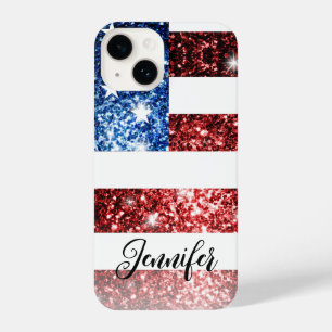 USA Flagge Rot blaue Imitate Glitzern Ihr Name iPhone 14 Hülle