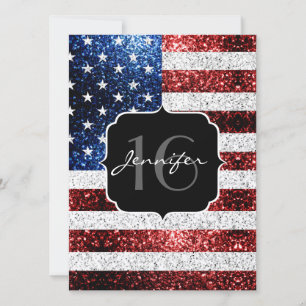 USA-Flagge rot weiß blau Glitter Sweet 16 Einladung