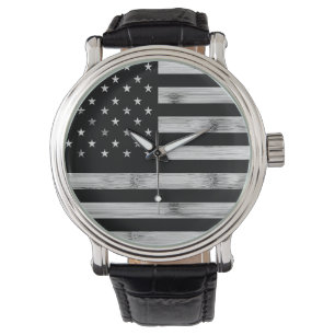 USA flagge Rustic Wood Schwarz-weiß Patriotic Amer Armbanduhr