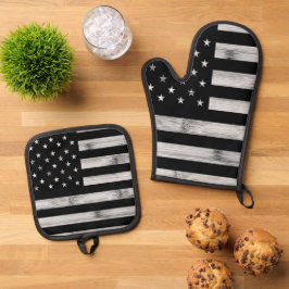 USA flagge Rustic Wood Schwarz-weiß Patriotic Amer Ofenhandschuh & Topflappen-Set