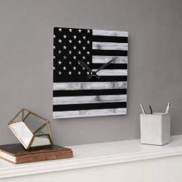 USA flagge Rustic Wood Schwarz-weiß Patriotic Amer Quadratische Wanduhr