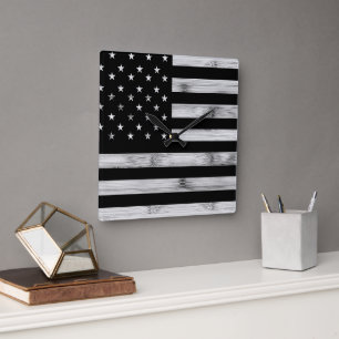 USA flagge Rustic Wood Schwarz-weiß Patriotic Amer Quadratische Wanduhr