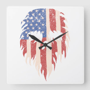 USA-Flagge Schädel Bart Abgenutztes Patriotische Quadratische Wanduhr