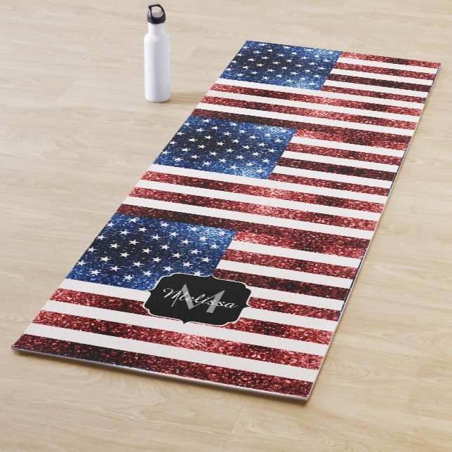 USA-Flaggen-blaue Glitzern Glitzer-Muster Monogram Yogamatte (Beispiel)