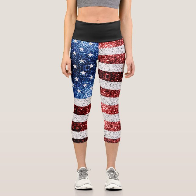 USA Flaggen Rot-Blau-Glitzern Glitzern Capri Leggings (Vorderseite)