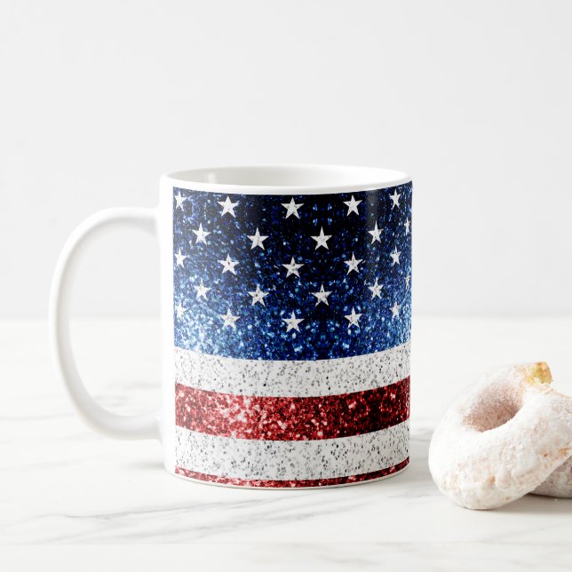 USA Flaggen Rot-Blau-Glitzern Glitzern Kaffeetasse (Mit Donut)