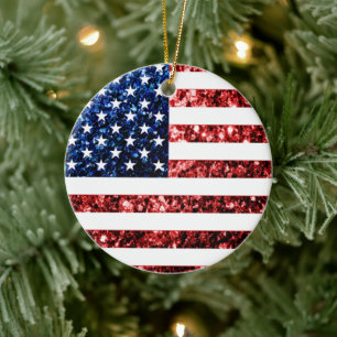 USA Flaggen Rot-Blau-Glitzern Glitzern Keramik Ornament