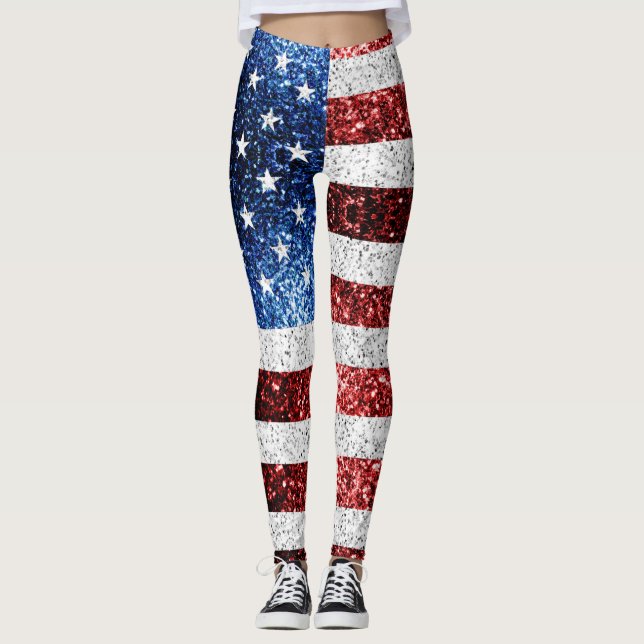 USA Flaggen Rot-Blau-Glitzern Glitzern Leggings (Vorderseite)