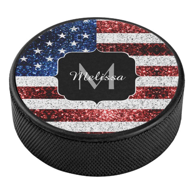 USA Flaggen Rot-Blau-Glitzern Glitzern Monogram Eishockey Puck (3/4)