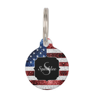USA Flaggen Rot-Blau-Glitzern Glitzern Monogram Haustiermarke