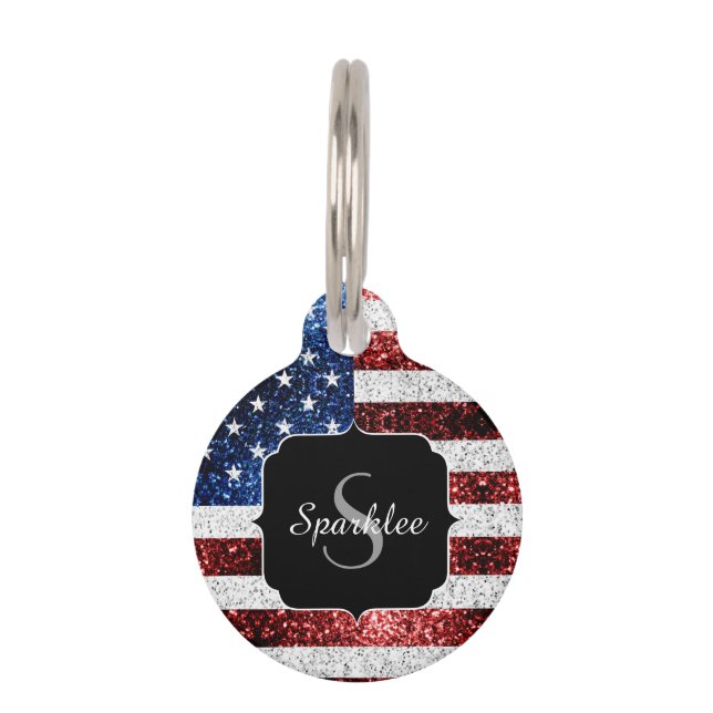 USA Flaggen Rot-Blau-Glitzern Glitzern Monogram Haustiermarke (Vorderseite)