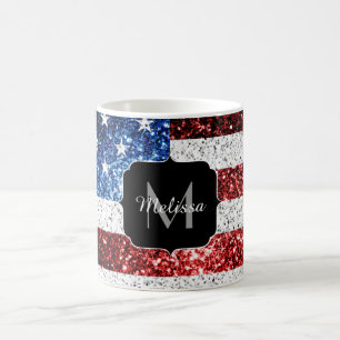 USA Flaggen Rot-Blau-Glitzern Glitzern Monogram Kaffeetasse