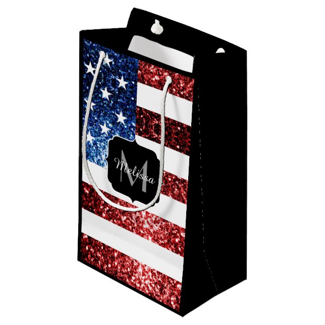 USA Flaggen Rot-Blau-Glitzern Glitzern Monogram Kleine Geschenktüte (Vorderseite Schrägansicht)