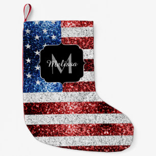 USA Flaggen Rot-Blau-Glitzern Glitzern Monogram Kleiner Weihnachtsstrumpf