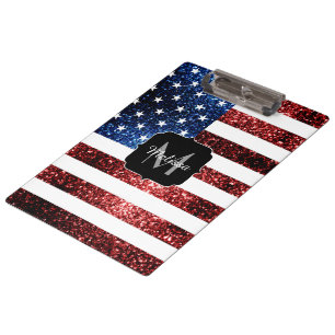 USA Flaggen Rot-Blau-Glitzern Glitzern Monogram Klemmbrett
