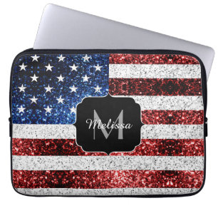 USA Flaggen Rot-Blau-Glitzern Glitzern Monogram Laptopschutzhülle