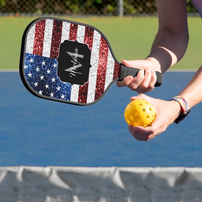USA Flaggen Rot-Blau-Glitzern Glitzern Monogram Pickleball Schläger (InSitu)