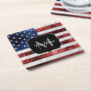 USA Flaggen Rot-Blau-Glitzern Glitzern Monogram Rechteckiger Pappuntersetzer