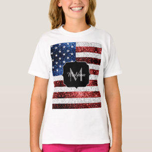 USA Flaggen Rot-Blau-Glitzern Glitzern Monogram T-Shirt