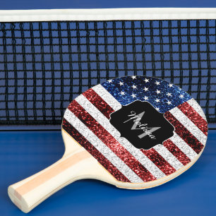 USA Flaggen Rot-Blau-Glitzern Glitzern Monogram Tischtennis Schläger