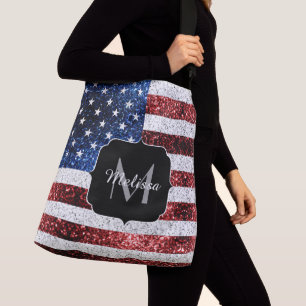 USA Flaggen Rot-Blau-Glitzern Glitzern Monogram Tragetaschen Mit Langen Trägern