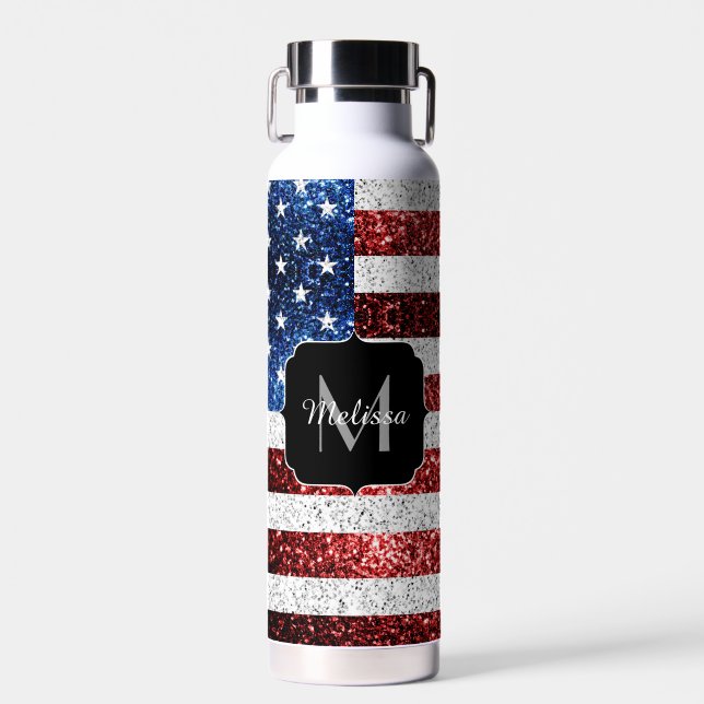 USA Flaggen Rot-Blau-Glitzern Glitzern Monogram Trinkflasche (Vorne)