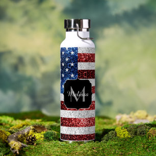 USA Flaggen Rot-Blau-Glitzern Glitzern Monogram Trinkflasche