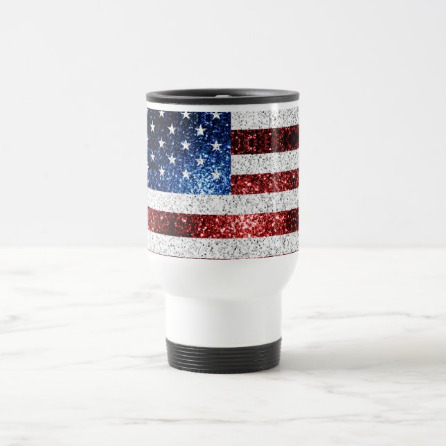 USA Flaggen Rot-Blau-Glitzern Glitzern Reisebecher (Mittel)