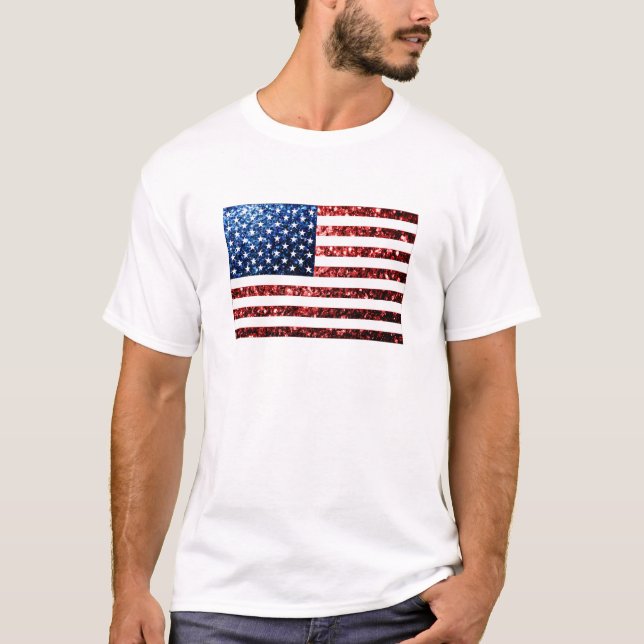 USA Flaggen Rot-Blau-Glitzern Glitzern T-Shirt (Vorderseite)