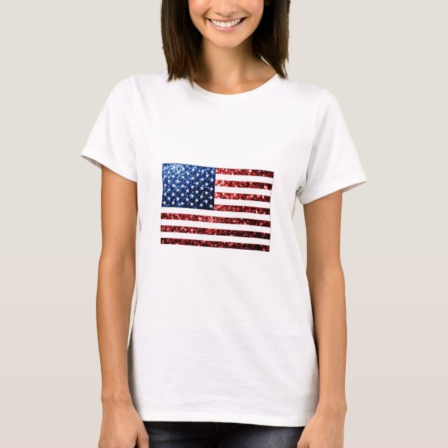 USA Flaggen Rot-Blau-Glitzern Glitzern T-Shirt (Vorderseite)