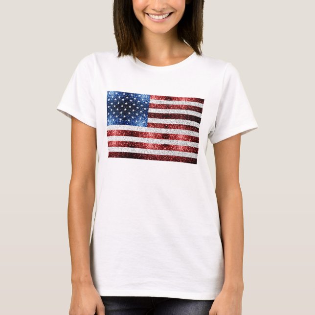 USA Flaggen Rot-Blau-Glitzern Glitzern T-Shirt (Vorderseite)