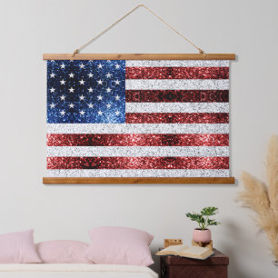 USA Flaggen Rot-Blau-Glitzern Glitzern Wandteppich Mit Holzrahmen