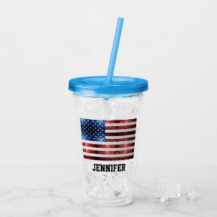 USA Flaggen Rot-Blau-Glitzern Individuelle Name Acryltrinkbecher