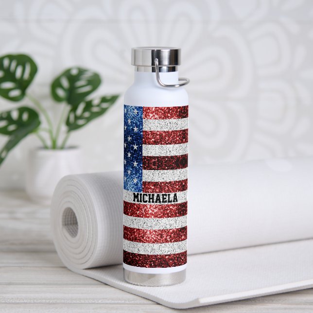 USA Flaggen Rot-Blau-Glitzern Individuelle Name Trinkflasche (Yoga)