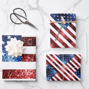 USA Flaggen Rot-Blau-Glitzern Muster Glitzer Geschenkpapier Set