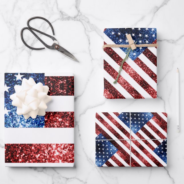 USA Flaggen Rot-Blau-Glitzern Muster Glitzer Geschenkpapier Set (Vorderseite)