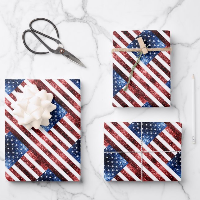 USA Flaggen Rot-Blau-Glitzern Muster Glitzer Geschenkpapier Set (Vorderseite)