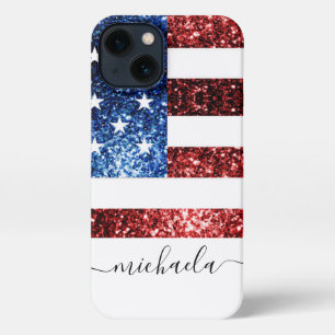 USA Flaggen Rot-Blau-Imitate Glitzern Monogram iPhone 13 Hülle