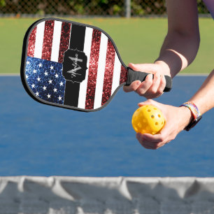 USA Flaggen Rot-Blau-Imitate Glitzern Monogram Pickleball Schläger