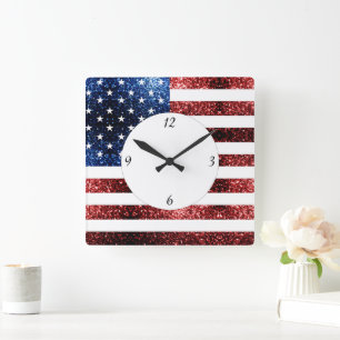 USA Flaggen Rot blaue Glitzern Glitzer mit Zahlen Quadratische Wanduhr