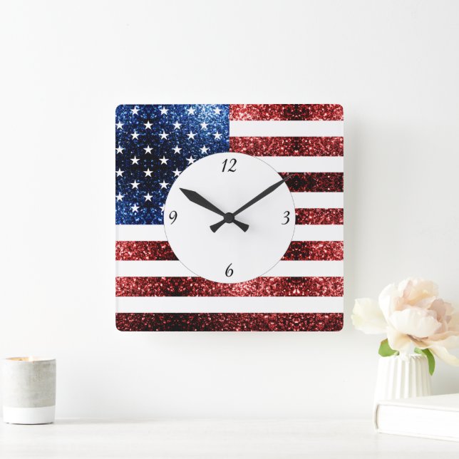 USA Flaggen Rot blaue Glitzern Glitzer mit Zahlen Quadratische Wanduhr (Zuhause)