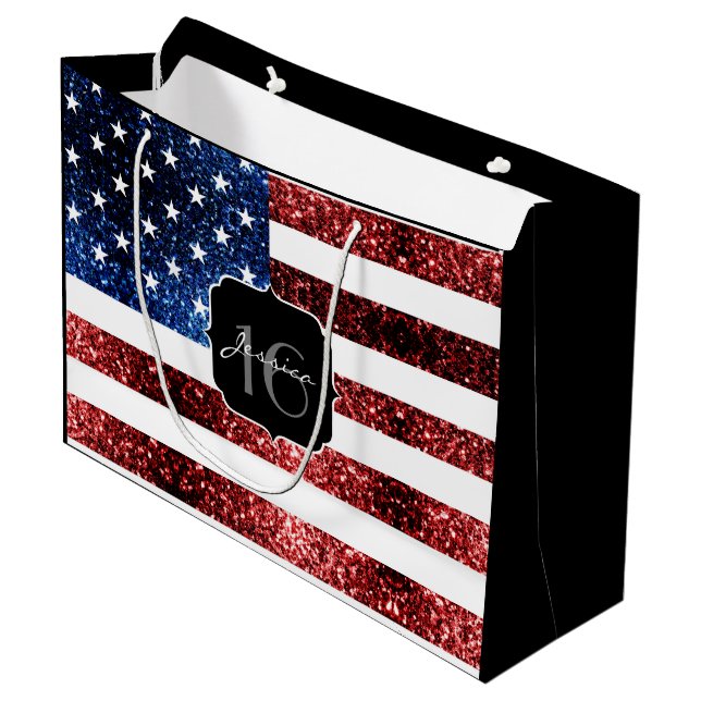 USA Flaggen Rot blaue Glitzern Glitzer Sweet 16 Große Geschenktüte (Vorderseite Schrägansicht)