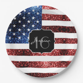 USA Flaggen Rot blaue Glitzern Glitzer Sweet 16 Pappteller