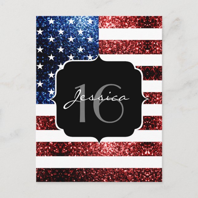 USA Flaggen Rot blaue Glitzern Glitzer Sweet 16 Postkarte (Vorderseite)