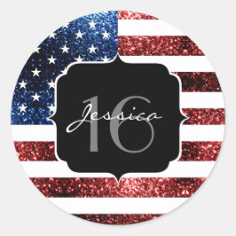 USA Flaggen Rot blaue Glitzern Glitzer Sweet 16 Runder Aufkleber