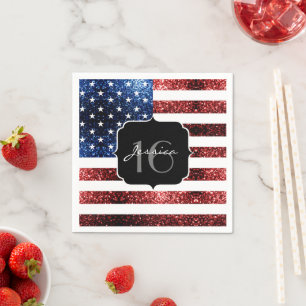 USA Flaggen Rot blaue Glitzern Glitzer Sweet 16 Serviette