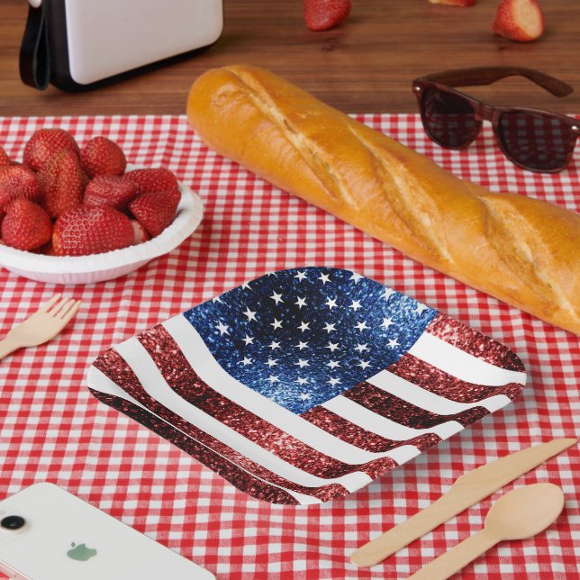 USA Flaggen Rot und Blau Glitzern Glitzer Pappteller (Picknick)