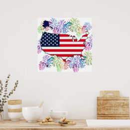 USA-Flaggenkarte und Feuerwerk mit Textur Poster